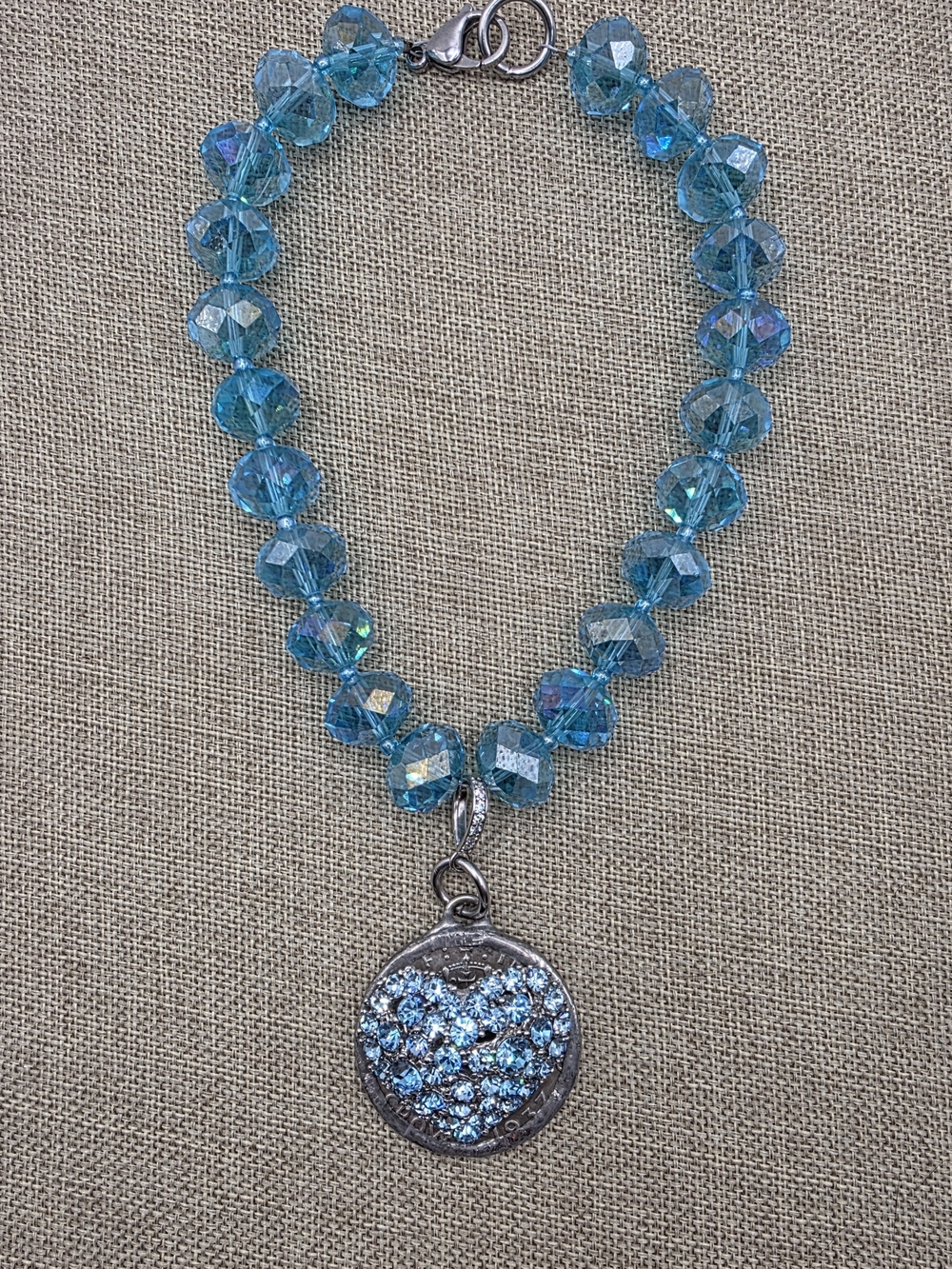 Rockstar In Rome Blue Crystal Bead Necklace with Sparkling Heart Pendant